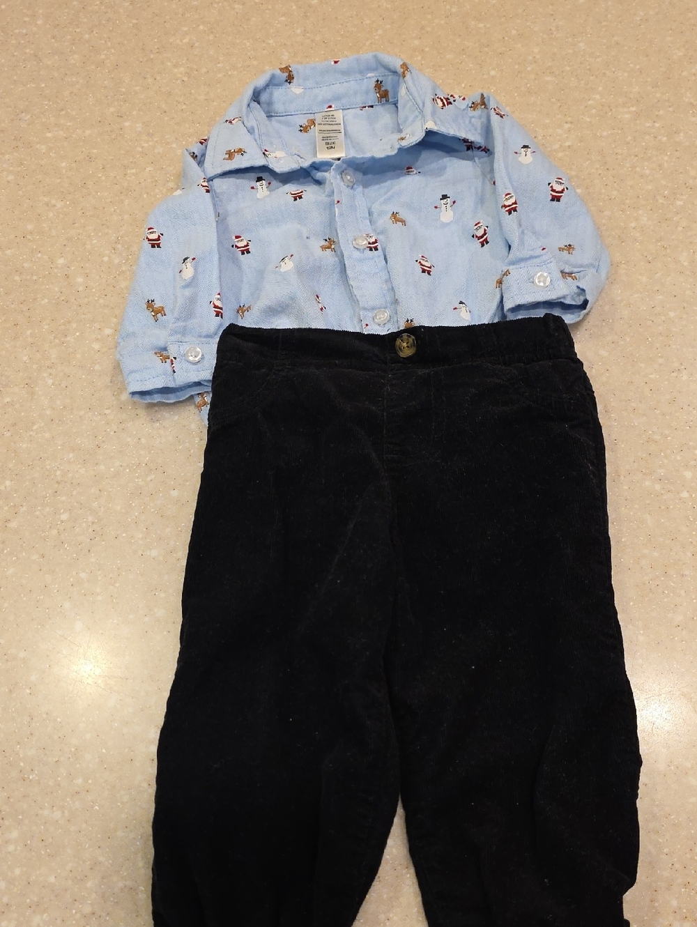 Light Blue Holiday Print Button-Up Shirt and Black Corduroy Pants Set